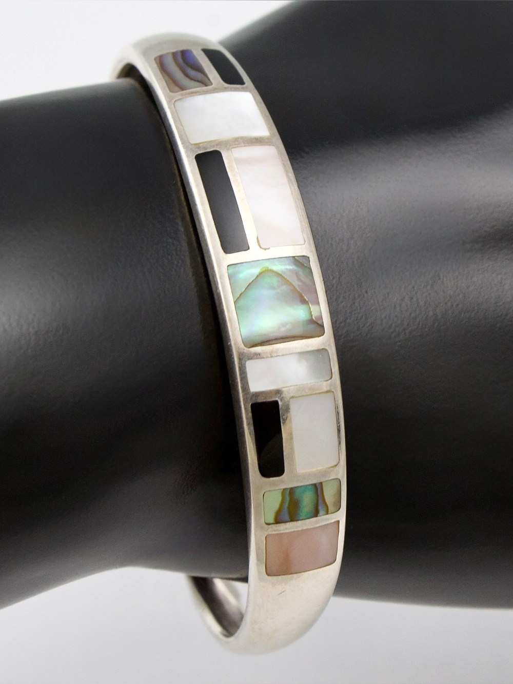 Vintage Sterling Silver Cuff Bracelet with Abalone, Mother of Pearl, Onyx Inlay